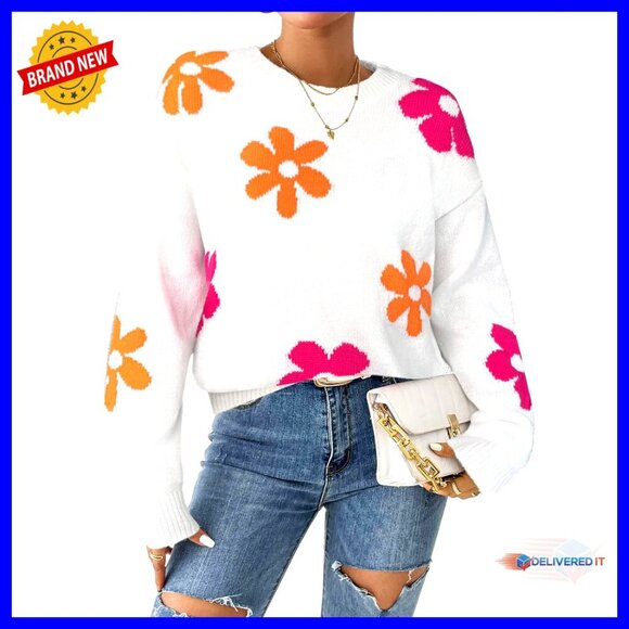 Sweaters - Oversized Floral Crewneck Sweater Vintage Y2K Pullover Long Sleeve
